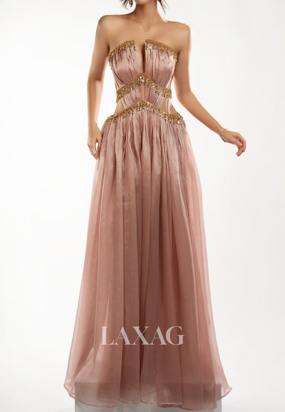 Tube Top Sleeveless Rhinestone Beaded Chiffon Pleated Floor-Length A-Line Formal Prom Dress
