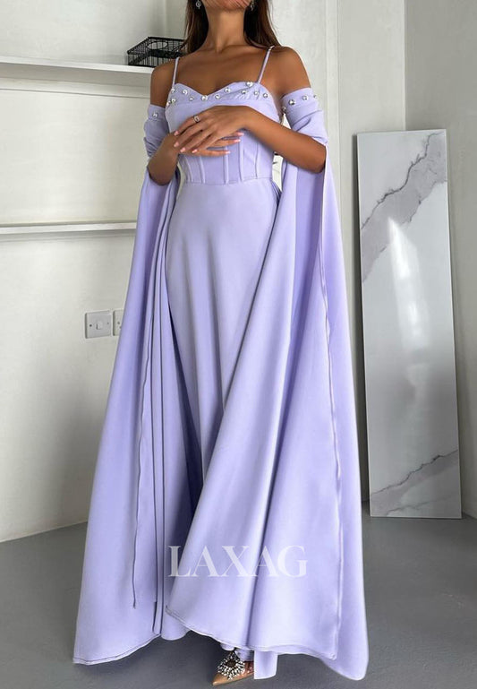 Spaghetti Straps Floor-Length Formal Gowns Sweetheart Rhinestone Pleated Satin Evening Dress