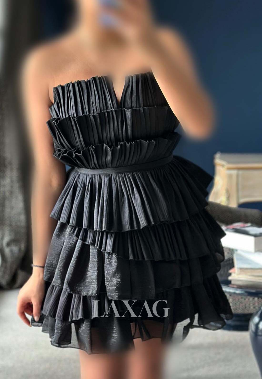 Tube Top Off-Shoulder Sleeveless Pleated Chiffon Tiered Short A-Line Party Homecoming Dress