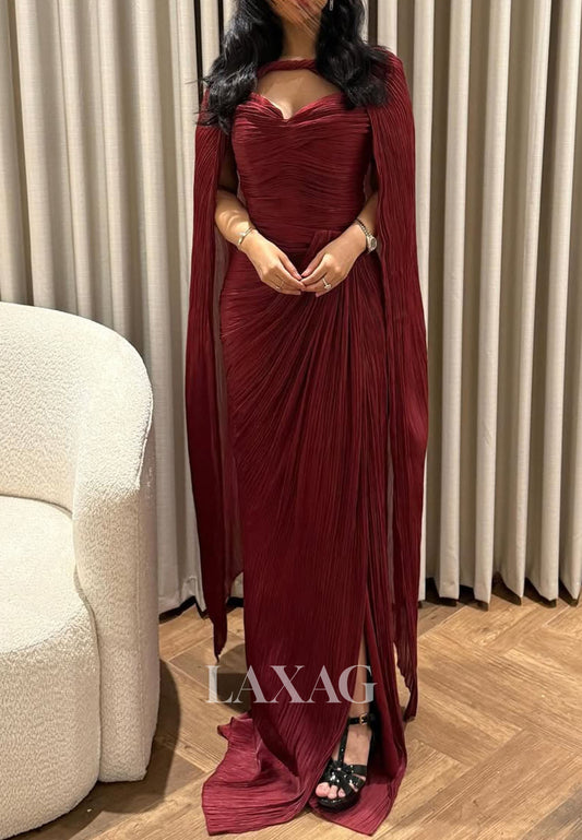 Sweetheart Sleeveless Pleated Chiffon High Slit Mermaid Evening Dress with Overlay