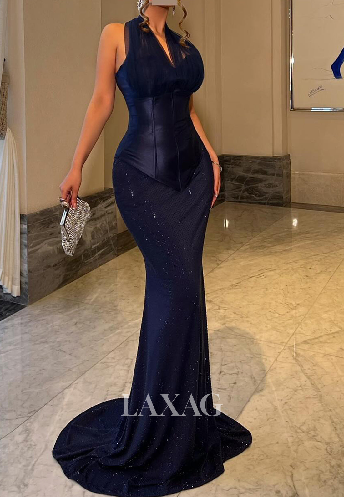 Halter V-Neck Sleeveless Fully Beaded Tulle Pleated Floor-Length Mermaid Evening Dress