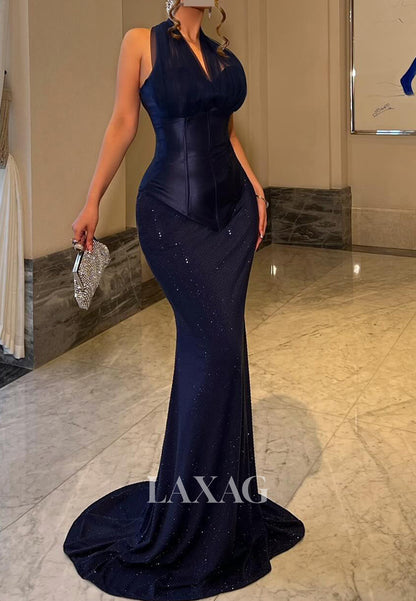 Halter V-Neck Sleeveless Fully Beaded Tulle Pleated Floor-Length Mermaid Evening Dress