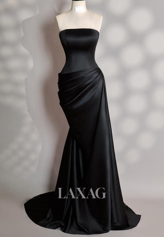 Simple Tube Top Pleated Satin Mermaid Evening Dress Off-Shoulder Sleeveless Formal Gowns