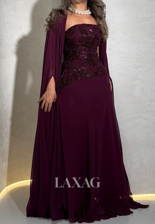 Tube Top Sleeveless Floor-Length Sequined Applique Pleated Chiffon Evening Dress with Overlay