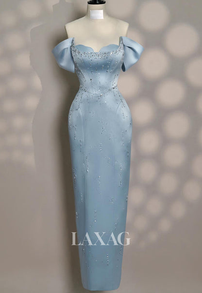 Sweetheart Sleeveless Satin Floor-Length Formal Gowns Off-Shoulder Beaded Mermaid Evening Dress