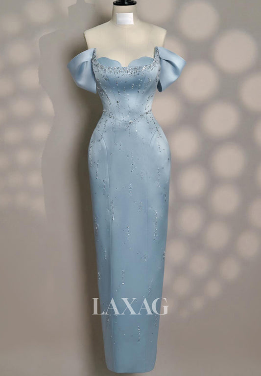 Sweetheart Sleeveless Satin Floor-Length Formal Gowns Off-Shoulder Beaded Mermaid Evening Dress