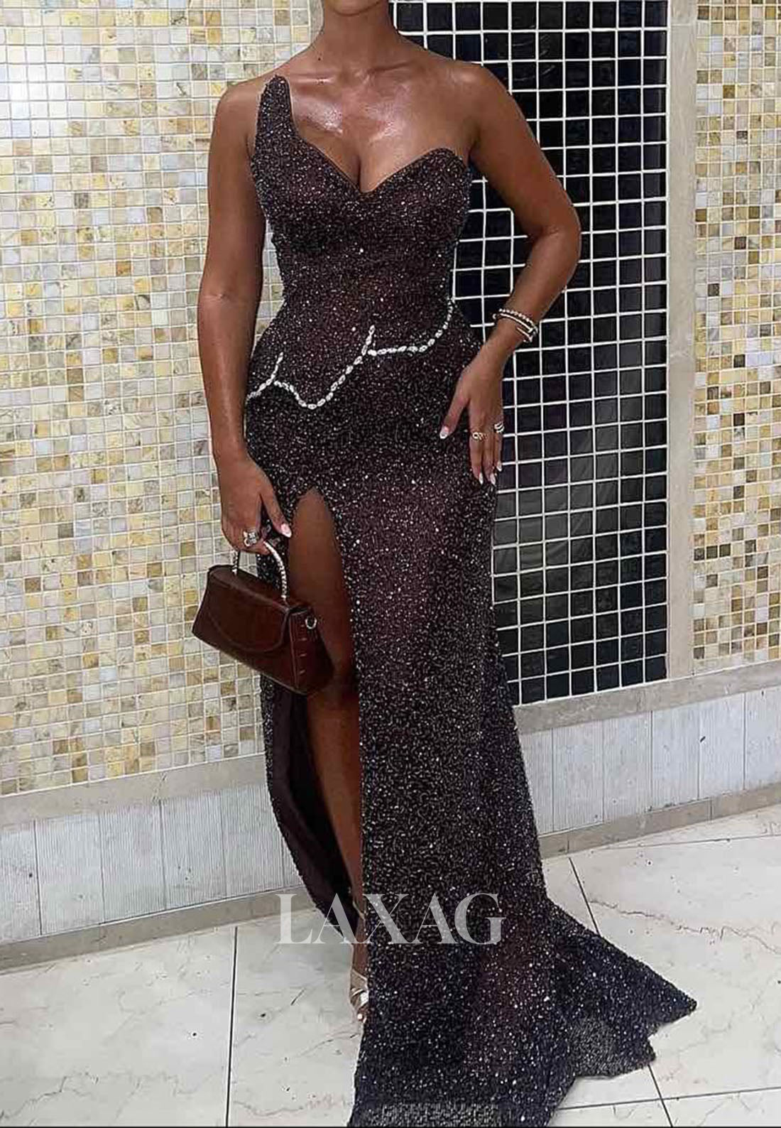 Asymmetrical V-Neck Sleeveless Mermaid Prom Dress Beaded Fully Sequined Slit Evening Gowns