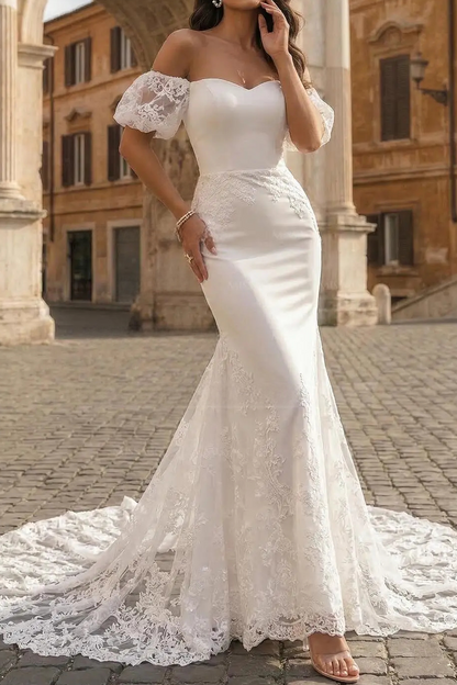 Sweetheart Puff-Sleeves Lace Applique Satin Pleated Mermaid Wedding Dress with Train