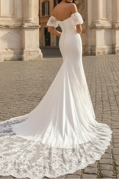 Sweetheart Puff-Sleeves Lace Applique Satin Pleated Mermaid Wedding Dress with Train