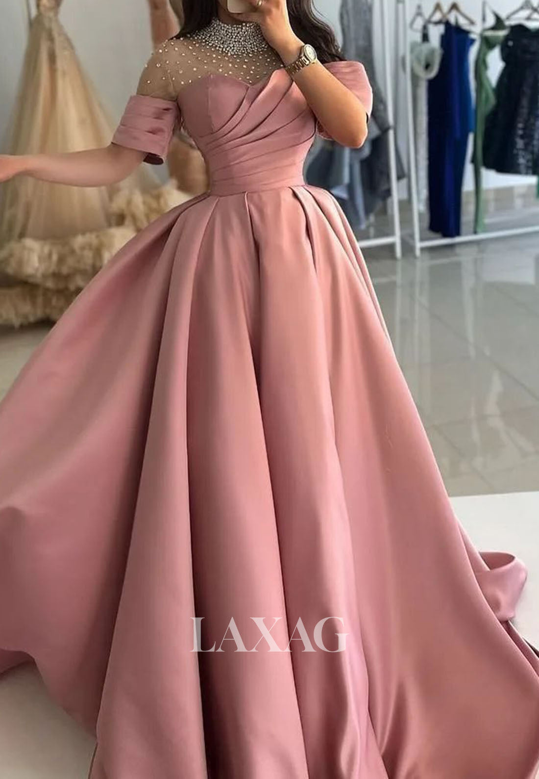 High-Neck Short-Sleeves A-Line Prom Dress Beaded Sheer Pleated Satin&Tulle Party Gowns