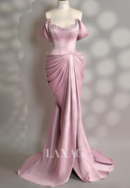 Scoop-Neck Off-Shoulder Sleeveless Beaded Pleated Satin Mermaid Evening Dress with Train