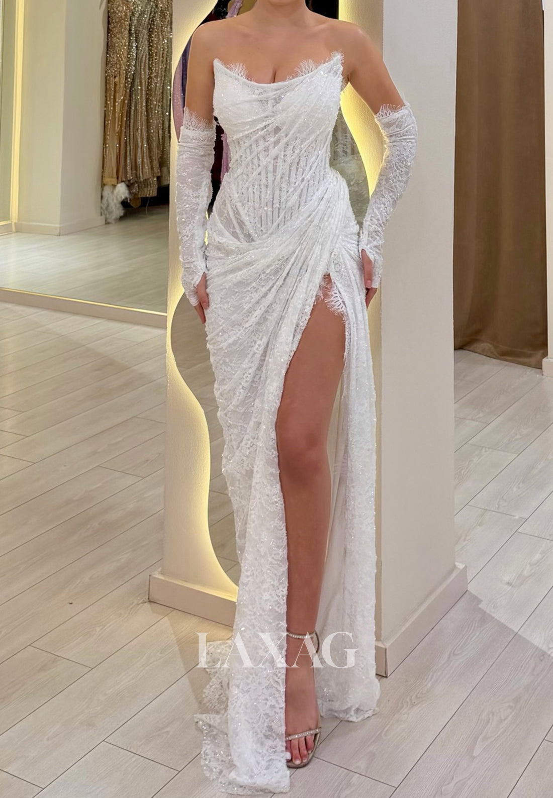 Scoop-Neck Long-Sleeves Fully Sequined Allover Lace Pleated High Slit Mermaid Formal Prom Dress