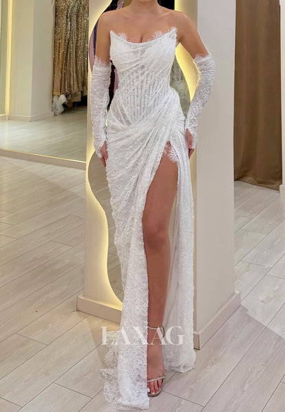 Scoop-Neck Long-Sleeves Fully Sequined Allover Lace Pleated High Slit Mermaid Formal Prom Dress