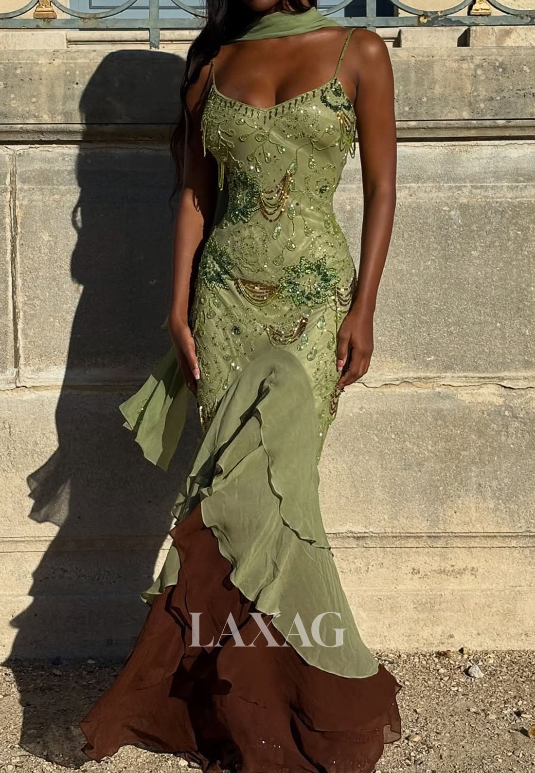 Spaghetti Straps Floor-Length Sequined Beaded Party Gowns Chiffon Trumpet Mermaid Prom Dress