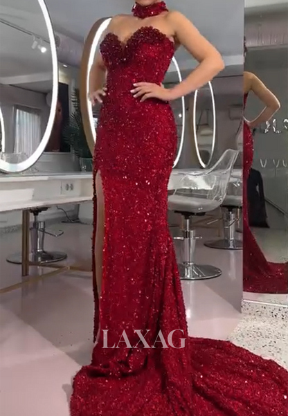 Off-Shoulder Sweetheart Sleeveless Rhinestone Pleated Fully Sequined Train Mermaid Prom Dress