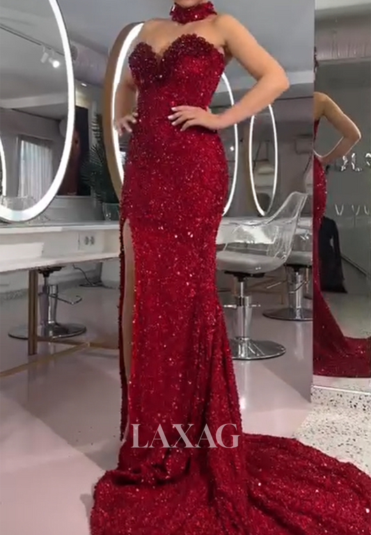 Off-Shoulder Sweetheart Sleeveless Rhinestone Pleated Fully Sequined Train Mermaid Prom Dress