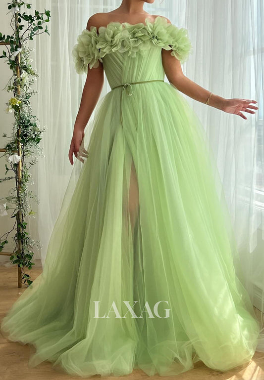 Off-Shoulder Sleeveless Pleated Tulle A-Line Prom Dress Tube Top Floral Embellished Party Gowns