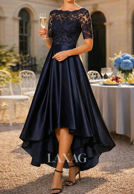 Bateau-Neck Short-Sleeves Beaded Applique Satin Pleated High-Low A-Line Mother of the Bride Dress
