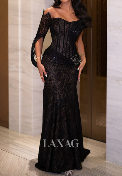 Sweetheart Off-Shoulder Mermaid Evening Dress Half-Sleeves Beaded Allover Lace Formal Gowns