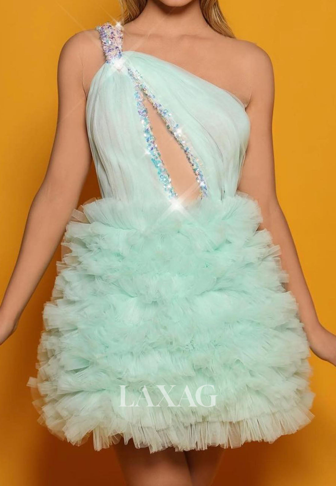 Asymmetrical-Neck Off-Shoulder Sequined Beaded Pleated Tulle Tiered A-Line Party Homecoming Dress