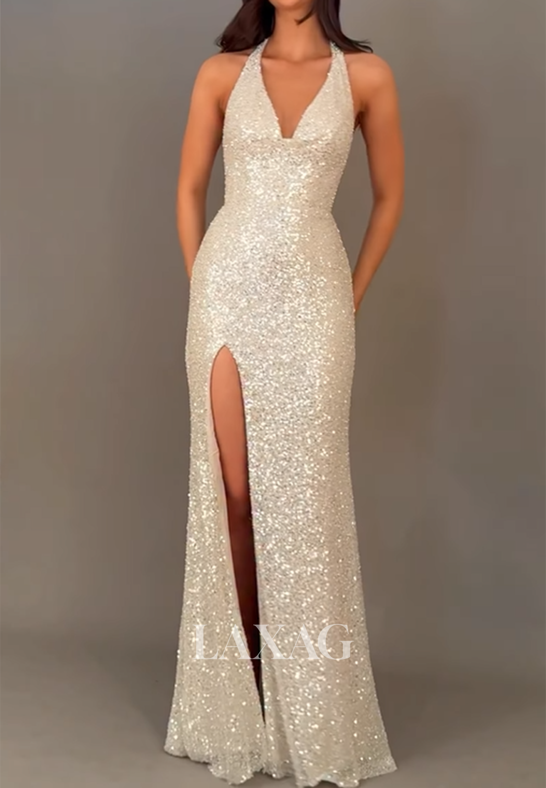 Halter Deep V-Neck Sleeveless Mermaid Prom Dress Fully Sequined Floor-Length Slit Party Gowns