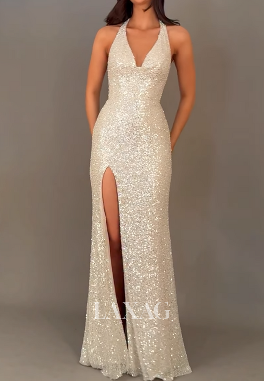 Halter Deep V-Neck Sleeveless Mermaid Prom Dress Fully Sequined Floor-Length Slit Party Gowns