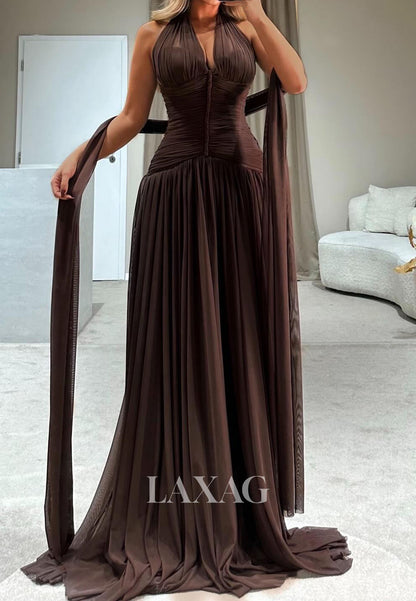 Halter Deep V-Neck Pleated Chiffon Fitted Evening Dress Off-Shoulder Sleeveless Formal Gowns