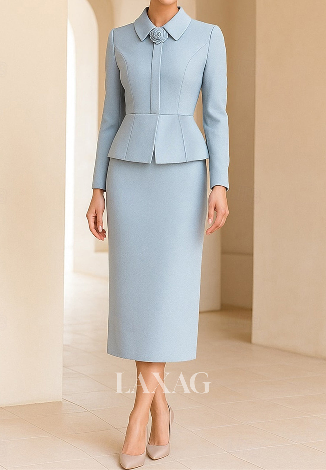 Collared Long-Sleeves 3D-Floral Satin Tea-Length  Mermaid Mother of the Bride Dress