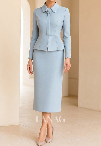 Collared Long-Sleeves 3D-Floral Satin Tea-Length  Mermaid Mother of the Bride Dress