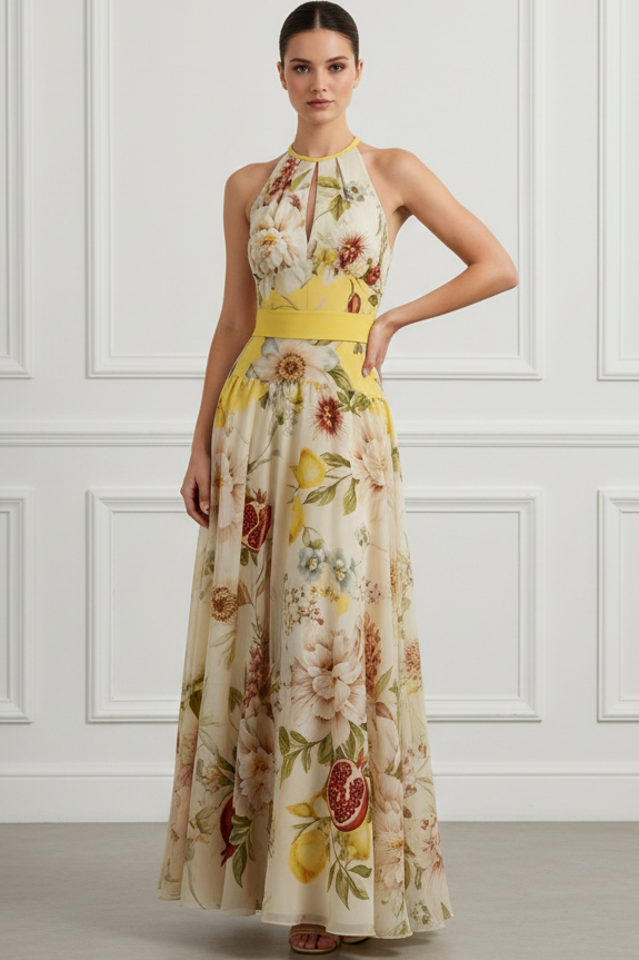 Halter-Neck Sleeveless Print-Chiffon Pleated Floor-Length A-Line Wedding Guest Dress