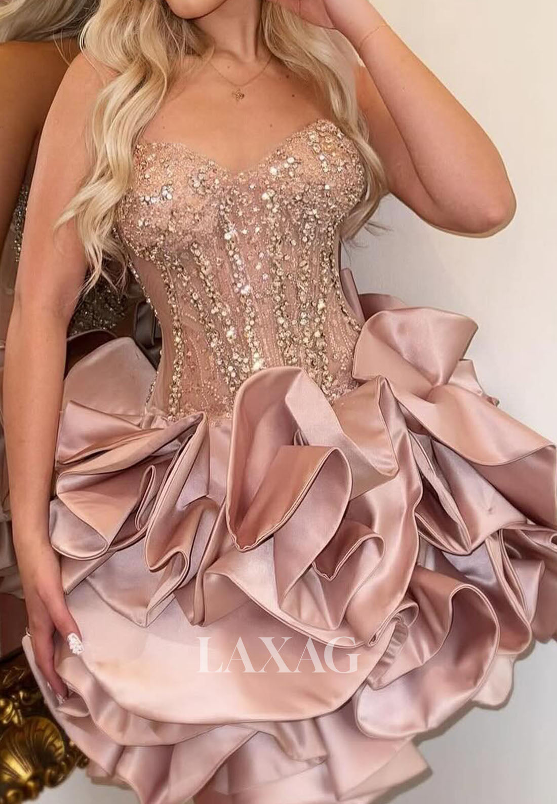 Sweetheart Sleeveless Sequined Beaded Pleated Satin Ruffled A-Line Homecoming Dress