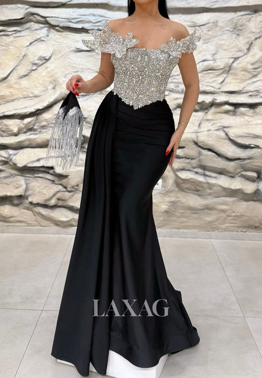 Bateau-Neck Sleeveless Satin Pleated Party Gowns Sequined Beaded Rhinestone Mermaid Prom Dress