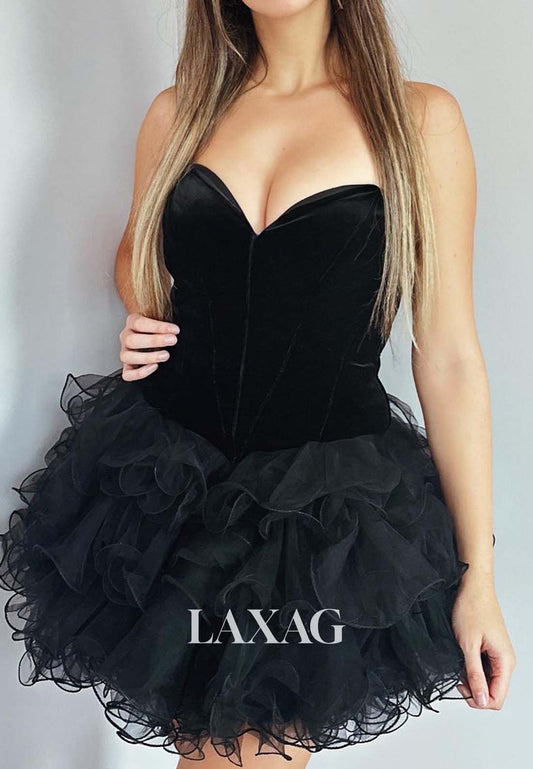 Off-Shoulder Sweetheart Sleeveless Tulle Tiered Short A-Line Party Homecoming Dress