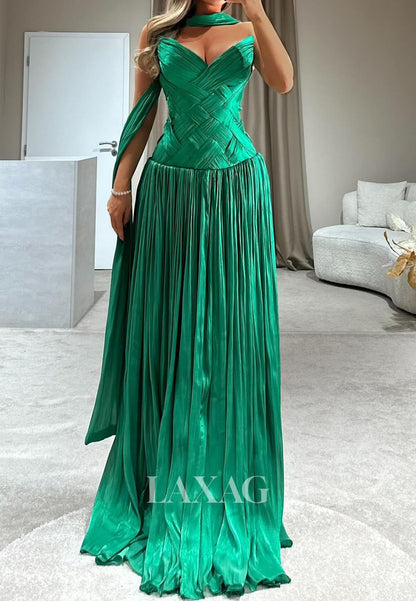 Sweetheart Off-Shoulder Sleeveless Pleated Chiffon A-Line Formal Prom Dress with Sweep Train