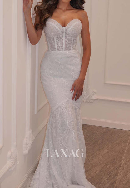 Sweetheart Allover Lace Applique Bride Gowns Sleeveless Sweep Train Mermaid Wedding Dress