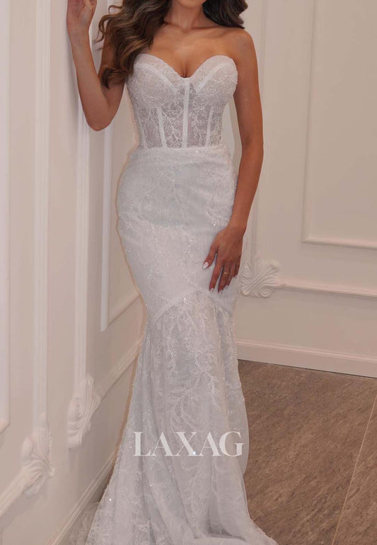 Sweetheart Allover Lace Applique Bride Gowns Sleeveless Sweep Train Mermaid Wedding Dress