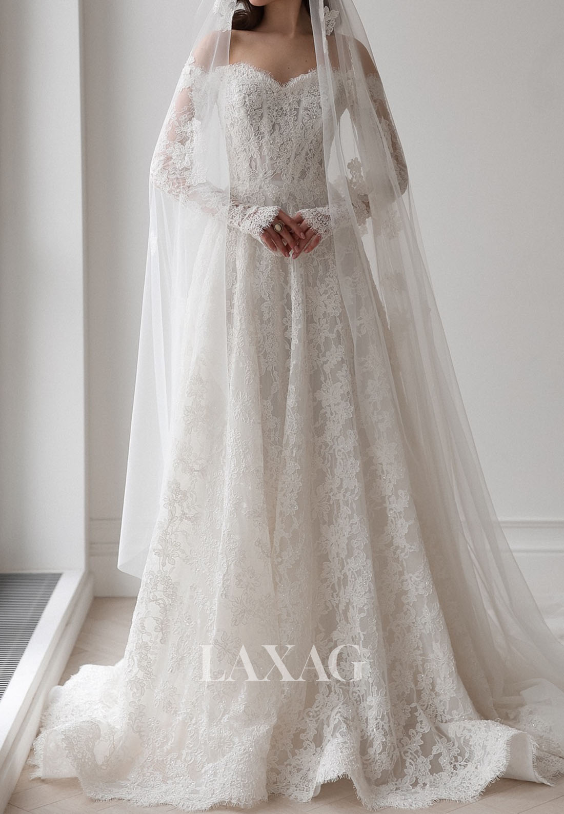 Sweetheart Off-Shoulder Long-Sleeves Beaded Allover Lace Applique A-Line Wedding Dress with Train