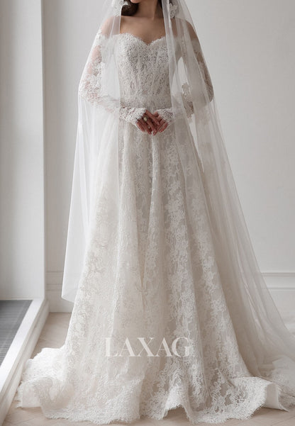 Sweetheart Off-Shoulder Long-Sleeves Beaded Allover Lace Applique A-Line Wedding Dress with Train