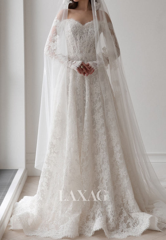 Sweetheart Off-Shoulder Long-Sleeves Beaded Allover Lace Applique A-Line Wedding Dress with Train