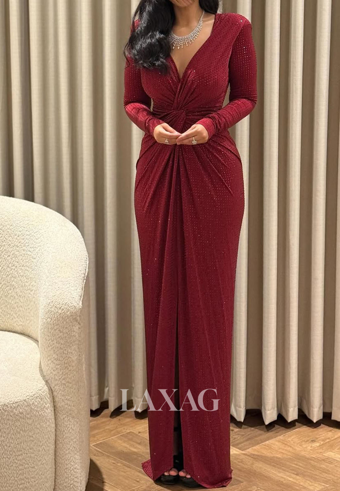 Long-Sleeves Deep V-Neck Mermaid Evening Dress Fully Beaded Pleated Satin Formal Gowns