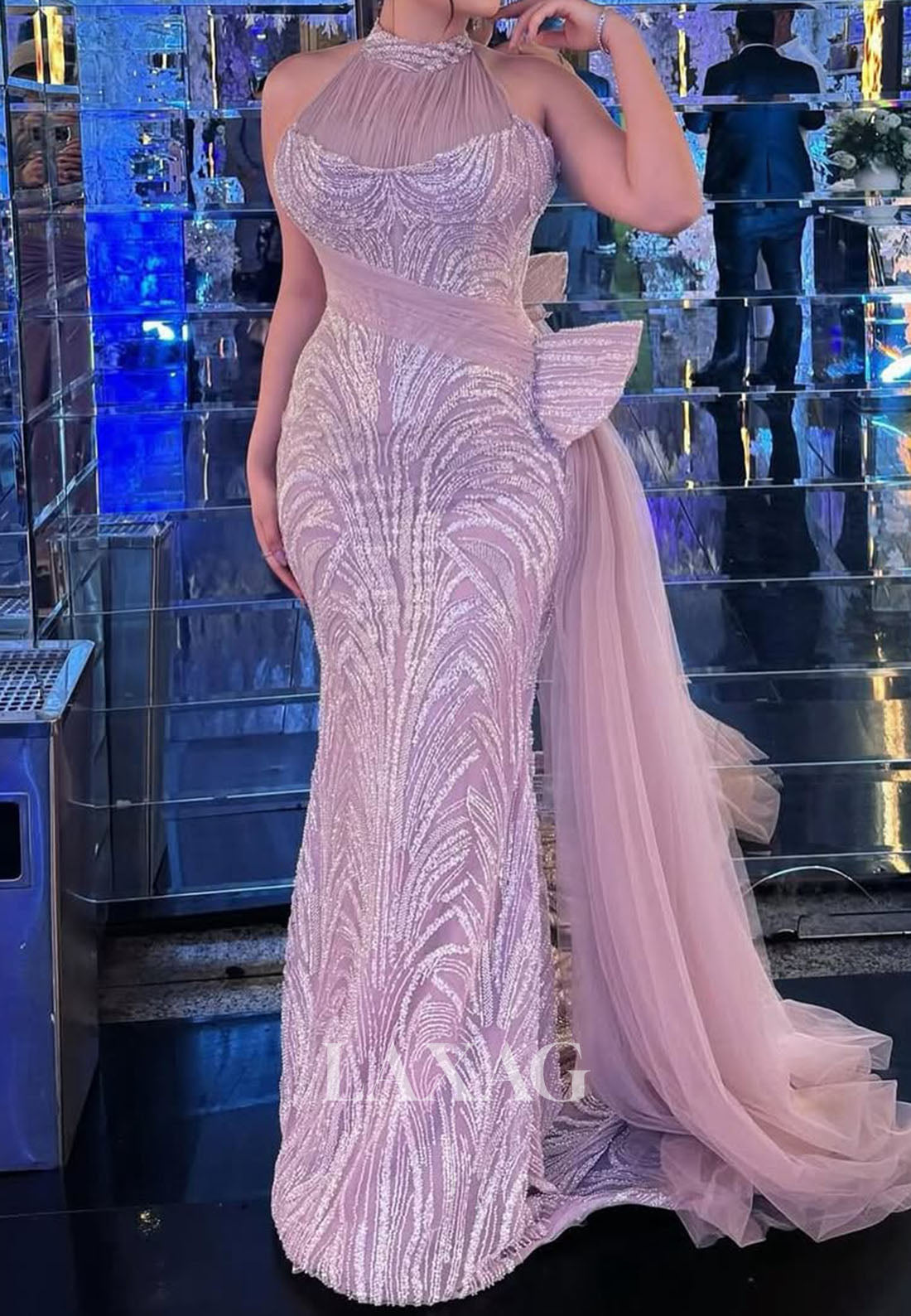 Halter-Neck Fully Sequined Mermaid Evening Dress Sleeveless Pleated Tulle Formal Gowns