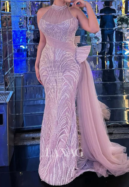 Halter-Neck Fully Sequined Mermaid Evening Dress Sleeveless Pleated Tulle Formal Gowns