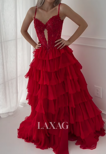 Off-Shoulder Beaded Applique Tiered Party Gowns V-Neck Spaghetti Straps Tulle Pleated A-Line Prom Dress