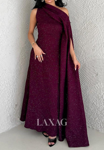 Asymmetrical-Neck Off-Shoulder Sleeveless Formal Gowns Floor-Length Glitter-Satin Fitted Evening Dress