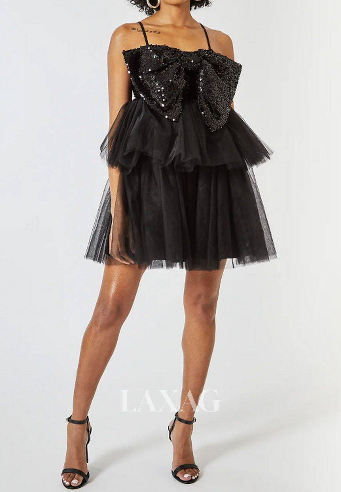 Sweetheart Spaghetti Straps Pleated Tulle Tiered A-Line Party Homecoming Dress with Sequined Bow