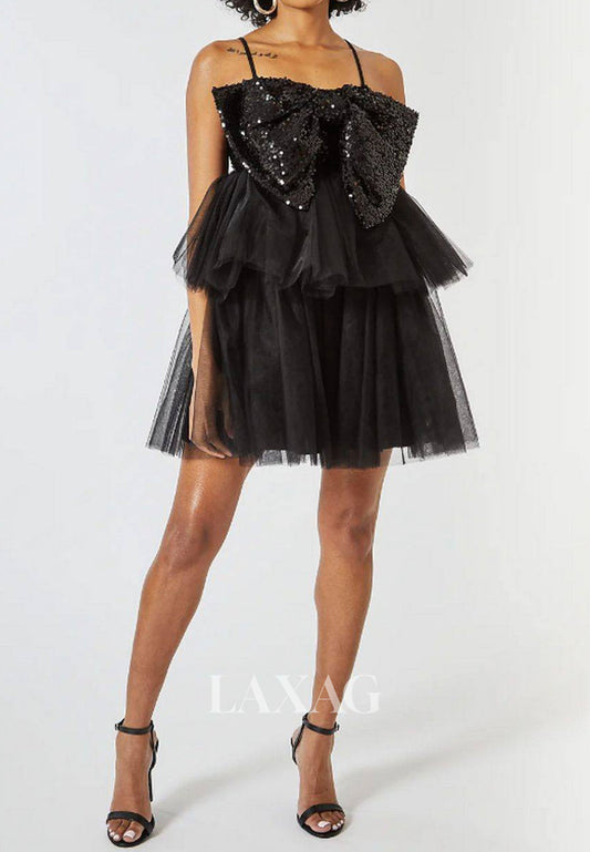 Sweetheart Spaghetti Straps Pleated Tulle Tiered A-Line Party Homecoming Dress with Sequined Bow