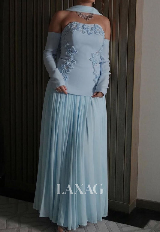 Sweetheart Long-Sleeves Pleated Tulle Fitted Evening Dress Floral Embellished Beaded Formal Gowns