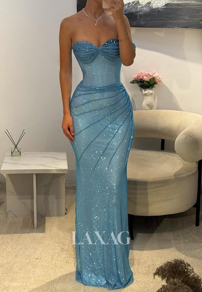 Sweetheart Floor-Length Rhinestone Party Gowns Off-Shoulder Tulle Pleated Mermaid Prom Dress