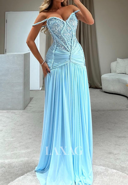 Sweetheart Sleeveless Sequined Mermaid Prom Dress Off-Shoulder Pleated Chiffon Party Gowns