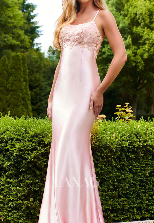 Scoop-Neck Spaghetti Straps Floor-Length Beaded Sequined Applique Satin Mermaid Prom Dress